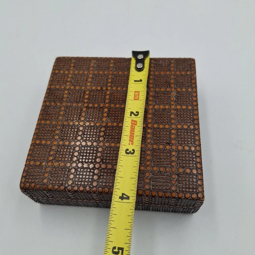 Vintage Hand Carved Wooden Trinket Box Geometric Folk Art Pyrography Square
